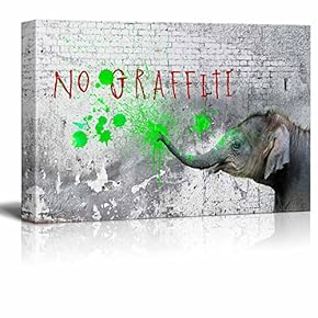 Canvas Wall Art - Little Naughty Elephant Spraying Green Paints on a Wall with No Graffiti Warning - Giclee Print Gallery Wrap Modern Home Art Ready to Hang - 12" x 18"