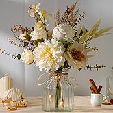 LESING Dahlia Flower Aritificial Flower with Vase Fake Silk Flowers in Glass Vase Faux Rose Flowers Arrangement for Home Office Table Centerpiece Decoration (White)
