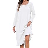 Bloggerlove Womens 100% Cotton Nightgown Long Sleeve House Dress with Pockets Sleep Dress S-3XL