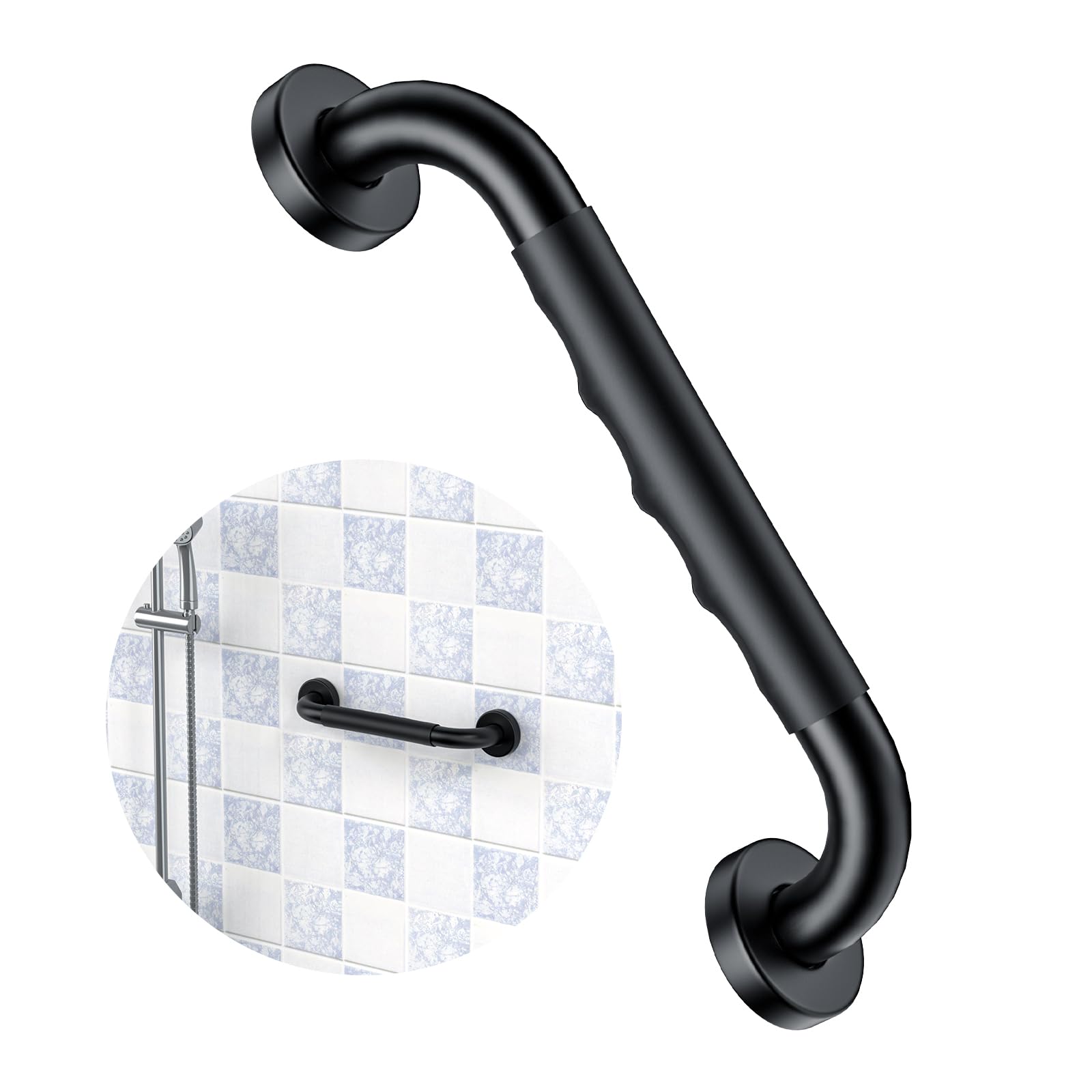 Photo 1 of 12 Inch Black Shower Grab Bar w/Anti Slip Rubber Grip, ZUEXT Stainless Steel Bath Grab Bar, Bathroom Balance Bar, Wall Mount Safety Handrail Support, Handicap Injury Elderly Senior Assist Handle