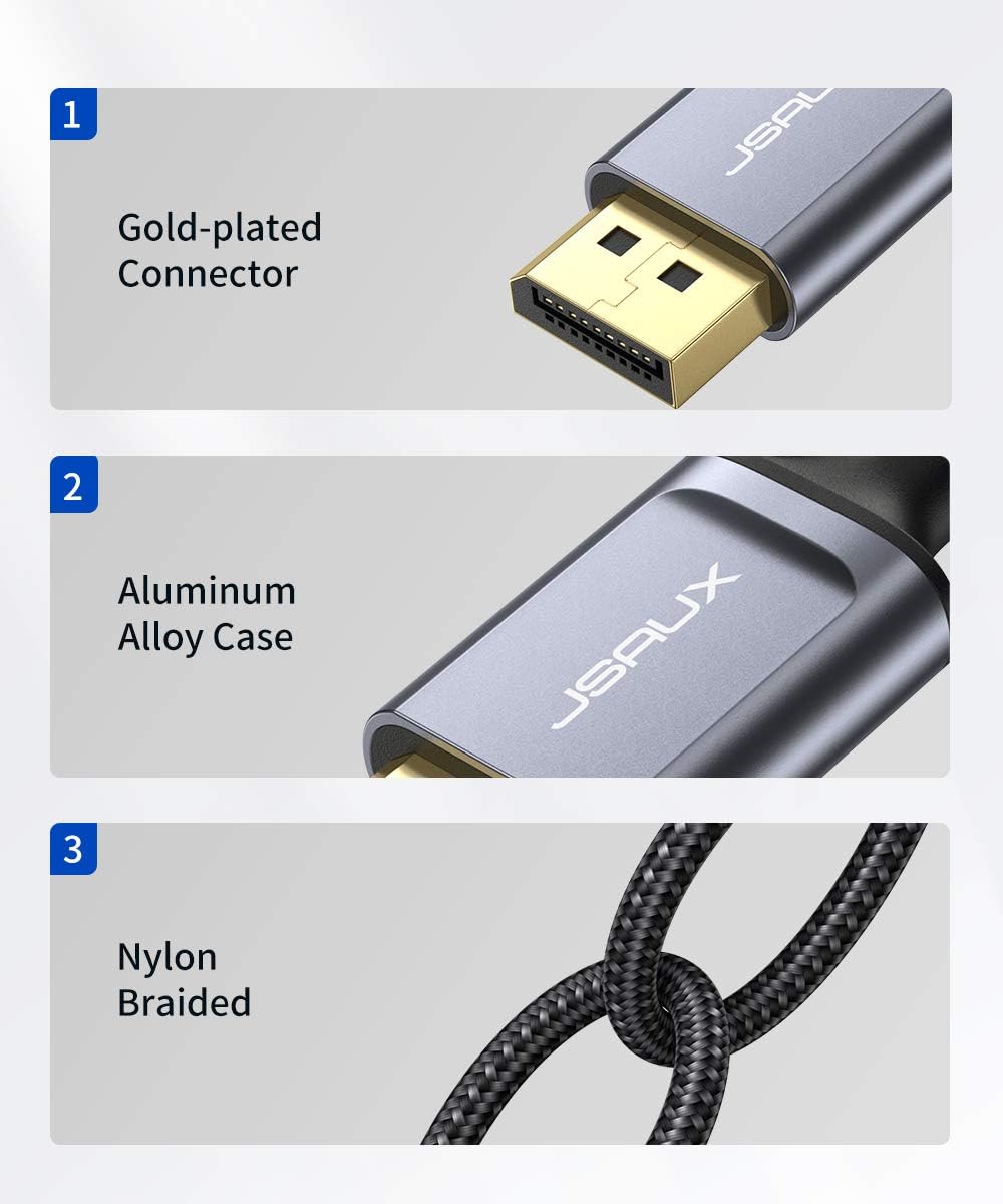 DisplayPort Cable 10ft, JSAUX Display Port Cable to DisplayPort for Monitor 144Hz, DP Cable 4K@60Hz/ 2K@144Hz Gold-Plated Compatible for Lenovo, Dell, HP, ASUS and More-Grey: Home Audio & Theater