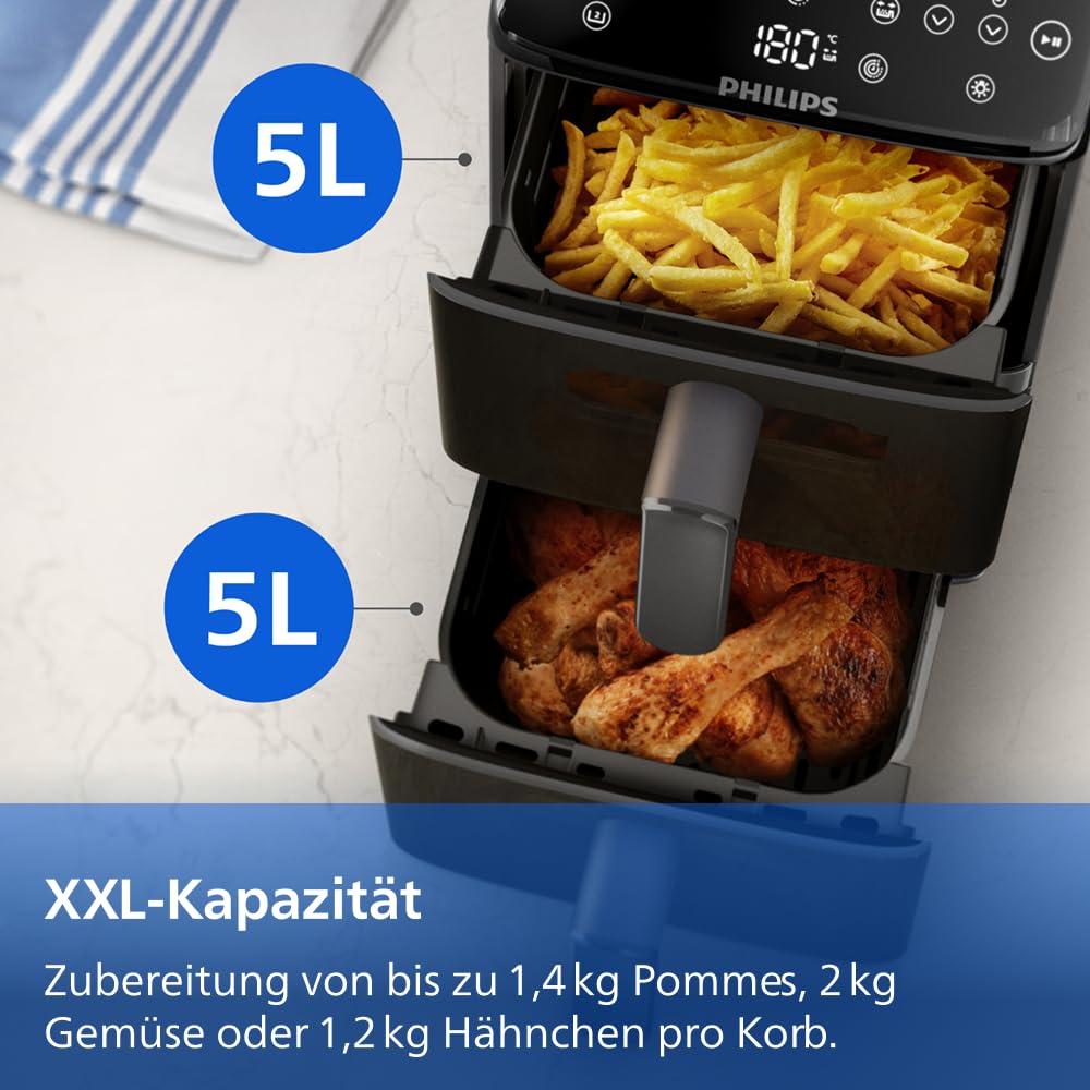 Philips Airfryer 4000 Series Stacked Dual Basket, Gestapelte Heißluftfritteuse 2 Kammern, 10L, RapidAir Technologie, 45% weniger Platzbedarf, PFAS-freie Keramikbeschichtung, Sichtfenster (NA460/00) 8