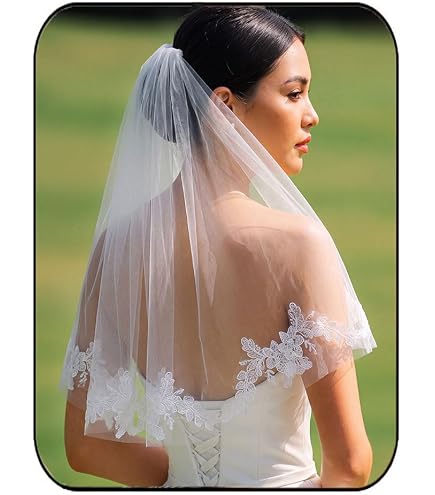Unsutuo Lace Wedding Veil Short Bridal Veils Shoulder Length