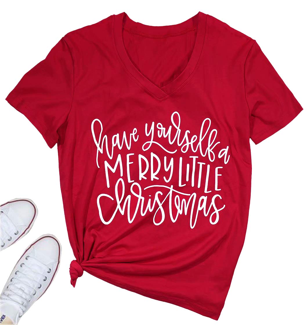 Have Yourself A Merry Little Christmas Shirt Women Funny Letter Print Short Sleeve Tops Xmas Holiday Tees