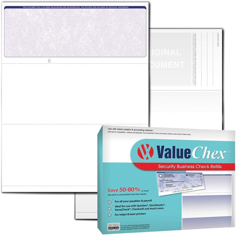 VersaCheck ValueChex - 500 Blank Business Voucher Checks - Blue Classic - 500 Sheets Form #1000 - Check on Top : Office Products