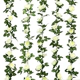 Yebazy 2pcs(16FT) White Rose Flower Garland Silk Flower Rose Vine Hanging Baskets for Wedding Arch Home Garden Wall Decor (White)