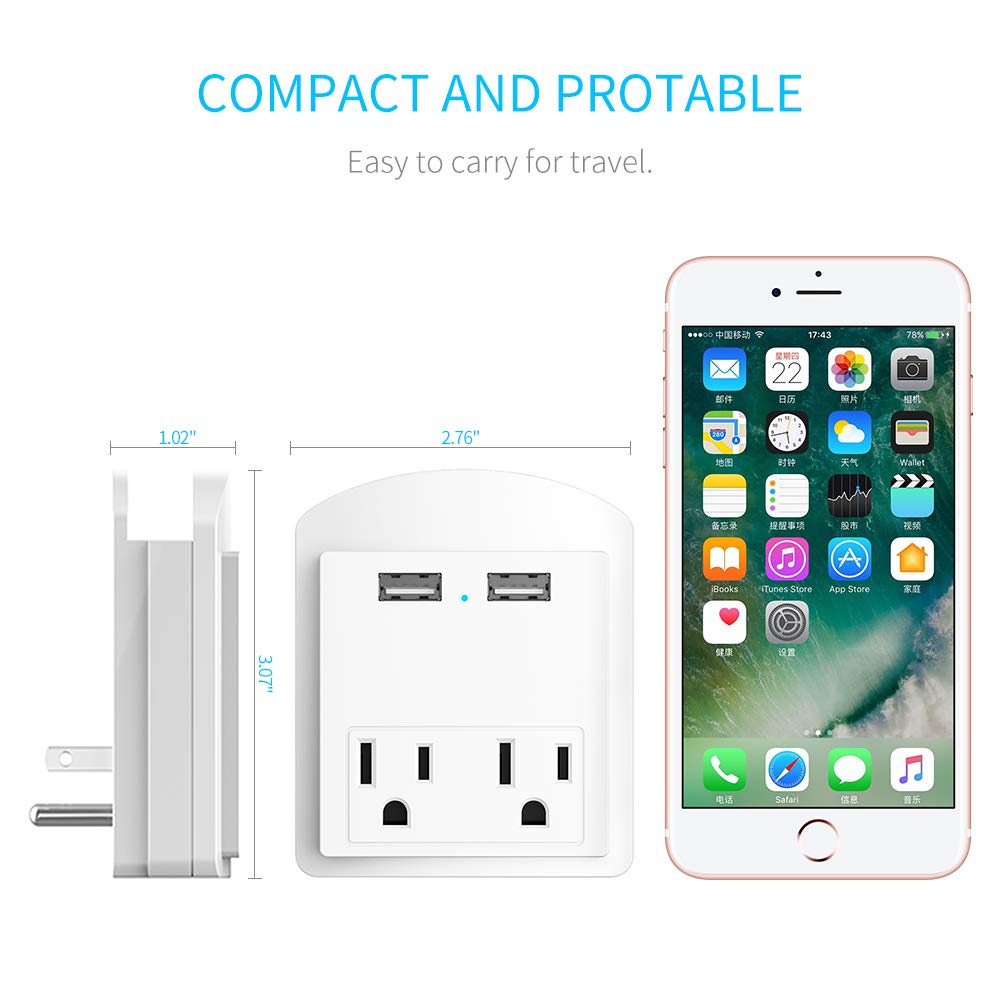 Multi Wall Outlet USB Wall Charger with Phone Holder Outlet Extender Surge Protector with Dual Outlets and Dual USB Ports (White)