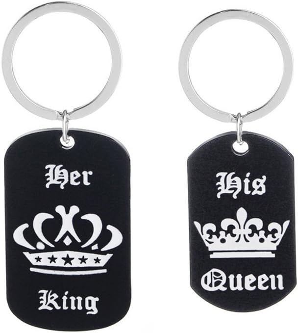 Couple Keychain Jewelry Crown Dog Tag Key Rings for Couple Lover Valentine Gift (Letters Her King His Queen) (color 2)