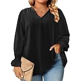Eytino Plus Size Tops for Women Sexy V Neck Smocked Long Sleeve Blouse Loose Casual Work Shirts(1X-5X)