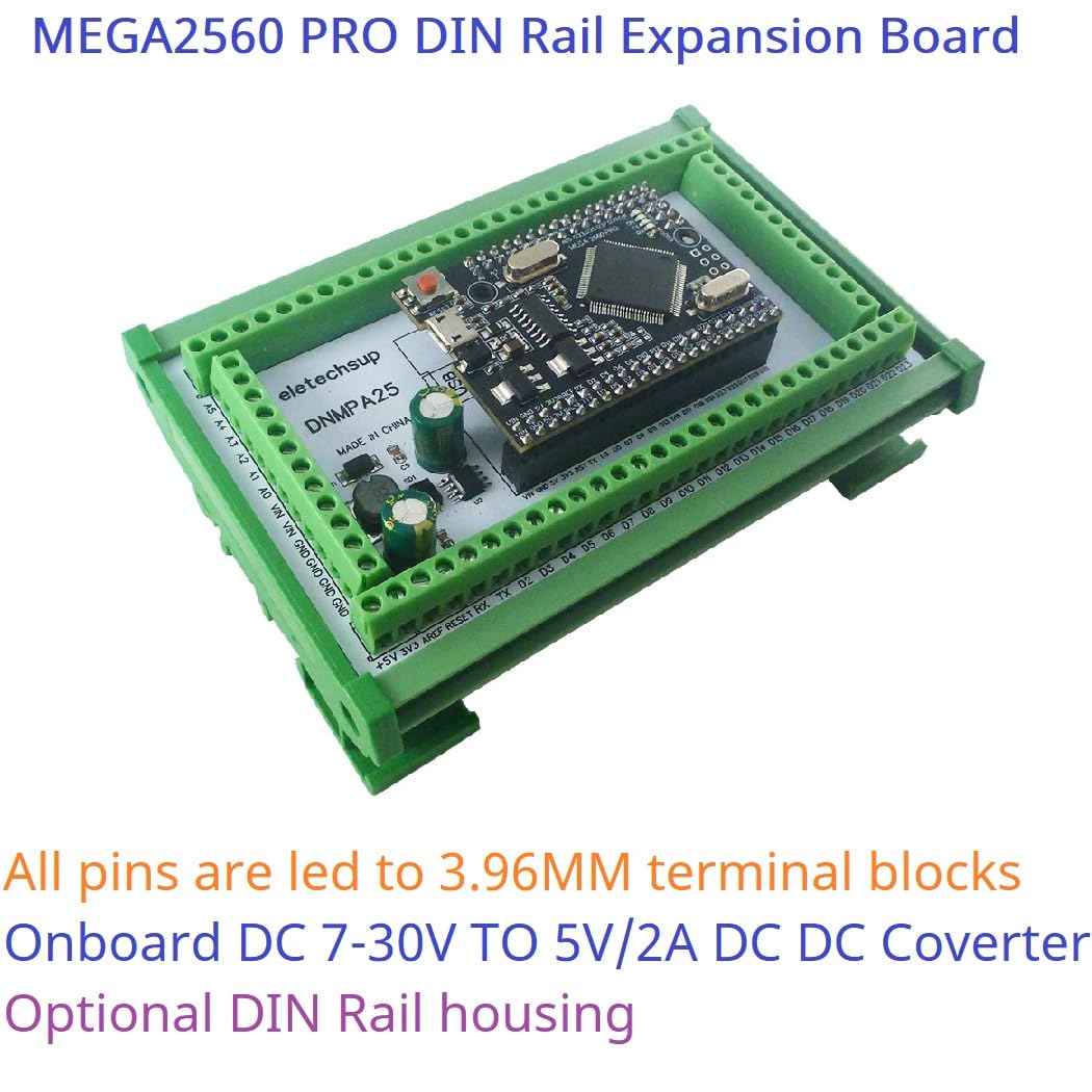 eletechsup MEGA2560 PRO DIN Rail Expansion Board DC-DC 5V 2A Converter 3.96mm Mount Screw Terminal Block Adapter Module DNMPA25 for Arduino (with Rail Box, 4 apcs)