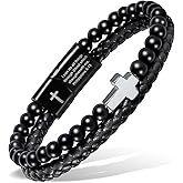Enjoy Risingsun Black Leather Cross Bracelet For Men, Christian Bracelet for Men with Onyx Stone, Mens Jewelry Gifts For Dad Husband Boyfriend Sons