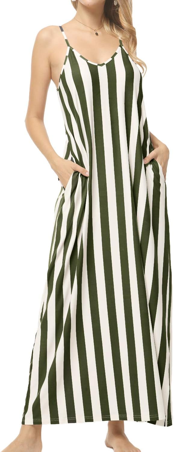 Women's Summer Loose Flowy Striped Pockets Long Maxi Dress Sundress