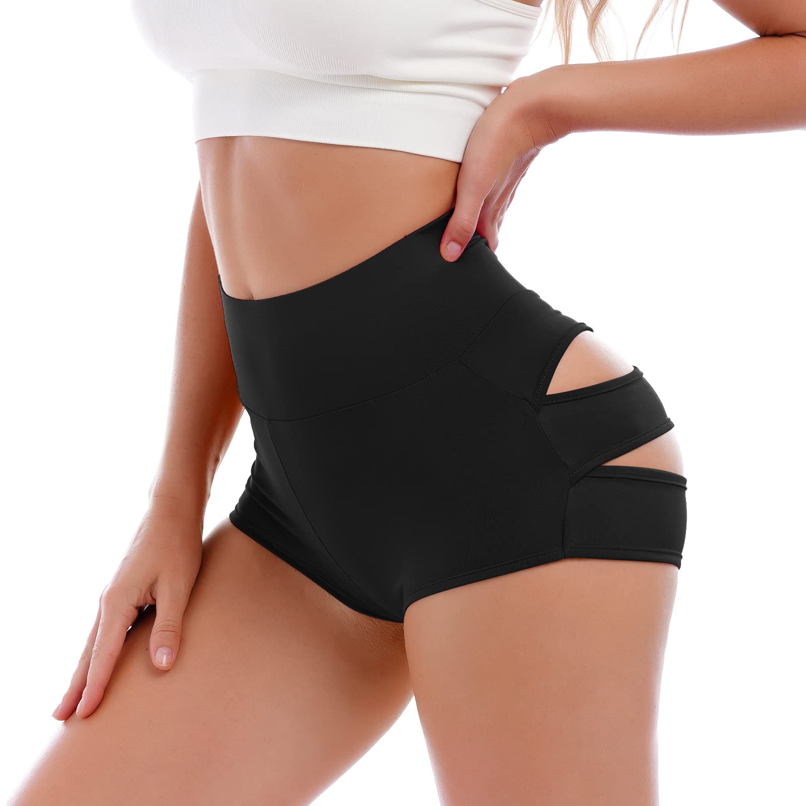 Photo 1 of (SMALL) ABAFIP Women's High Waisted Cut Out Booty Shorts Strappy Hollow Scrunch Mini Hot Pants Ripped Butt Lifting Yoga Sport Pole Dance Rave Bottom Boy Shorts Black Small