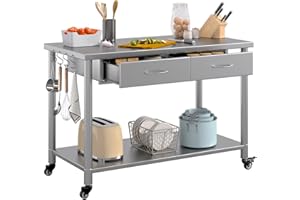 U-MAX Stainless Steel Work Table with 2 Drawers, 48"x24" Commercial Kitchen Prep Table with Casters,Heavy Duty Workbench for 