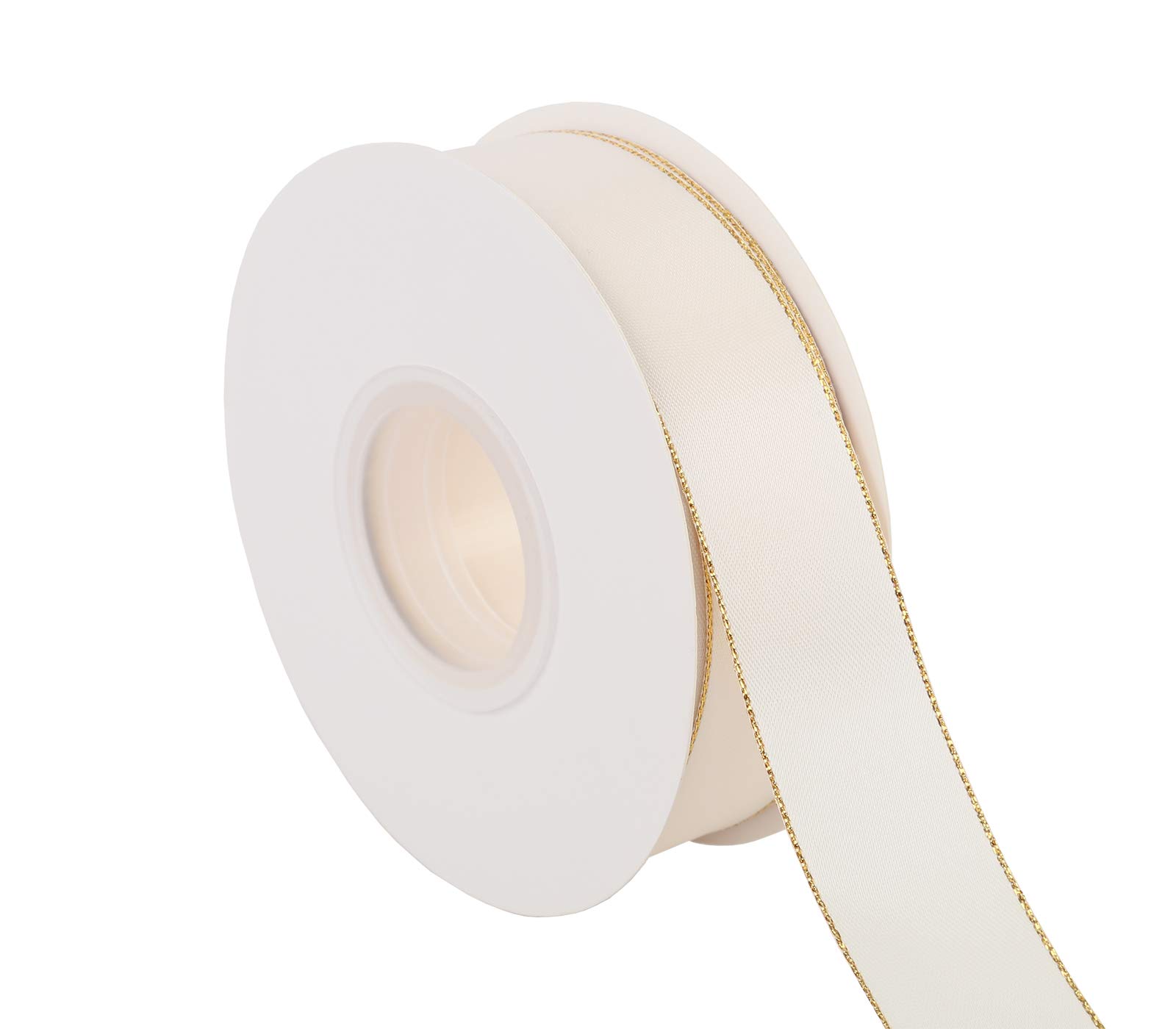 ITIsparkle 25mm Width Double Faced Satin Ribbon 22 Meters with Gold Edges, 25mm X 25M - Ivory