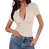 INFITTY T Shirts for Women Short Sleeve V Neck Ribbed Knit Button T Shirts Solid Color Summer Tops