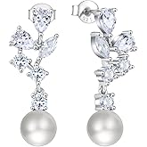 FATACI Women Bridal Wedding Earrings 925 Sterling Silver Leaf Pearl Dangle & Drop Earrings with 5A Cubic Zirconia for Brides Bridesmaids Proms Jewerly Gifts