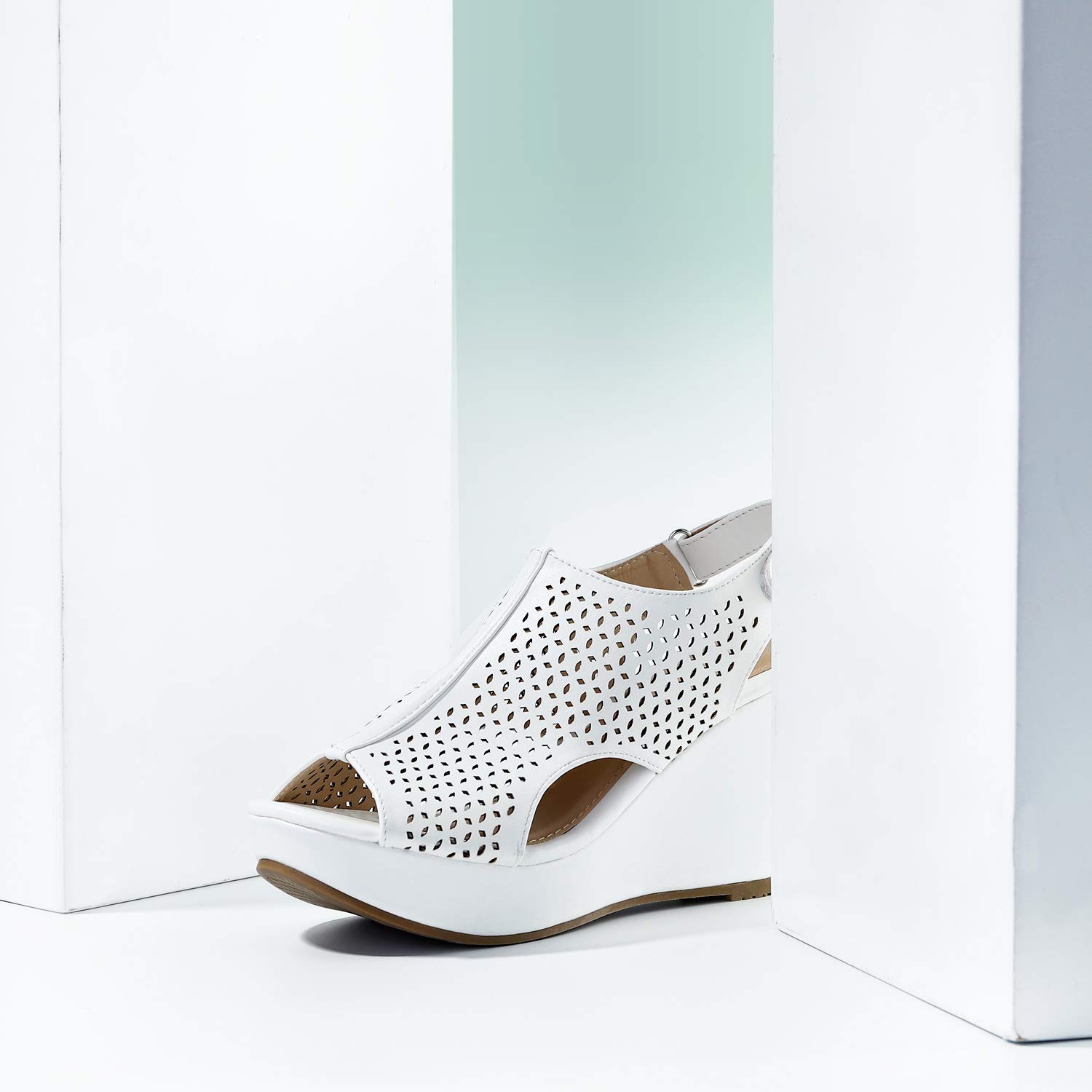 Trary Women\'s Adjustable Strap Peep Toe Wedge Sandal White 10