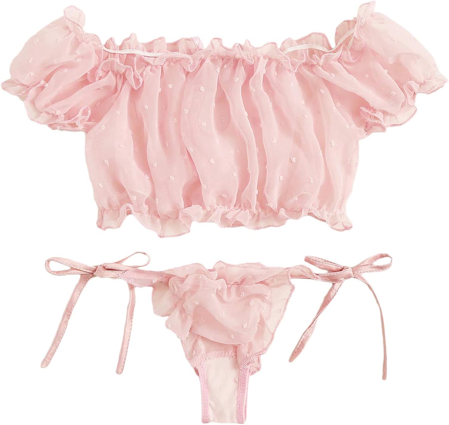 SheIn Women's Self Tie Ruffle Trim Dobby Mesh Lingerie Set Sexy Bra and Panty: Clothing