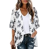 Women's Floral Cardigan Coverups Bohemian Kimono Loose Cover Up Tops Beach Swimsuit Puff Sleeve Blouse Female Chiffon Summer