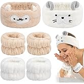 AHONEY Face Wash Headband and Wristband Set, Cute Makeup Spa Skincare Headbands Wrist Bands for Washing Face Headband for Women Girls Elastic Hair Band (White&Khaki)