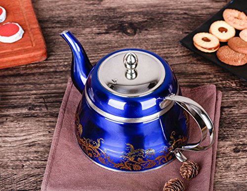 Blue Tea Pot with Infuser Loose Tea for Stovetop Stainless Steel Coffee Kettle 8 Cup Quick Boil Sturdy Teapot Hot Water Mirror Finish 2 Liter/2.1 Quart 68 Ounce by Onlycooker