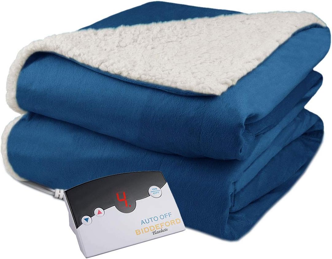 Biddeford Velour Sherpa Electric Heated Warming Blanket Twin Denim Blue