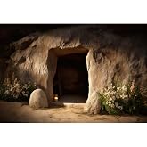 DORCEV Empty Tomb Backdrop 7x5ft Jesus Christ Crucifix Stone Hole Photography Background Holy Light Easter Photo Backdrops Sunset Lord Pray Church Missionary Events Banner Decorations Studio Props