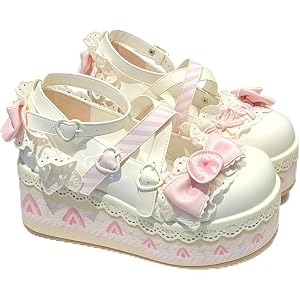 Women's Cute Mary Jane Shoes Y2K Lolita Style Heel Shoes Platform Lace Bowknot Strawberry Pattern Wedge Loafers Cosplay Party