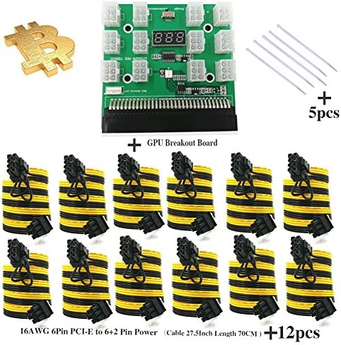 PSU ETH ZEC Mining Power Supply 12V GPU Breakout Board+ 16AWG 6Pin PCI-E to 6+2 Pin Power （Cable 27.5Inch Length 70CM )