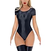 FEOYA Womens Shiny Oil Glossy Short Sleeve Jumpsuit Stretchy Metallic Bodysuit Dance Leotard