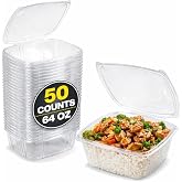 Smygoods Deli Containers with Hinged Lids, Clear PET Plastic, 64 Ounces, Rectangular Clamshell, 50 Count