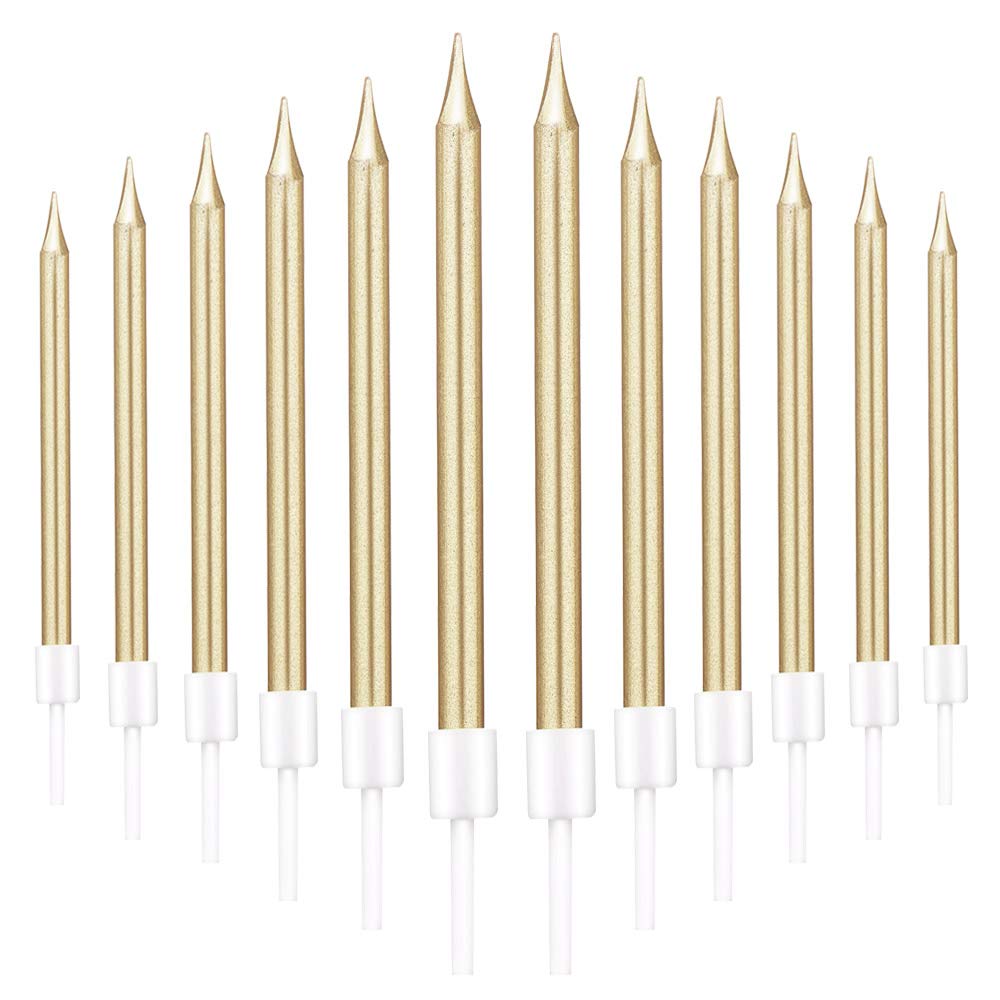 LYTIVAGEN 48 Pcs Champagne Birthday Candles, 13cm Long Metallic Cake Candles Thin Tall Party Candle with Holders for Birthday Wedding Baby Shower Cake Decoration