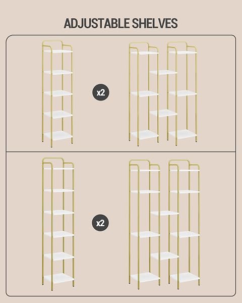 HZUANERI BOOKCASE BOOKSHELF, NARROW BOOK SHELF, INDUSTRIAL CORNER SHELF STORAGE ORGANIZER, SLIM SHELVING UNIT FOR HOME OFFICE, LIVING ROOM, BEDROOM, KITCHEN, 5-TIER WHITE GOLD BC24513G