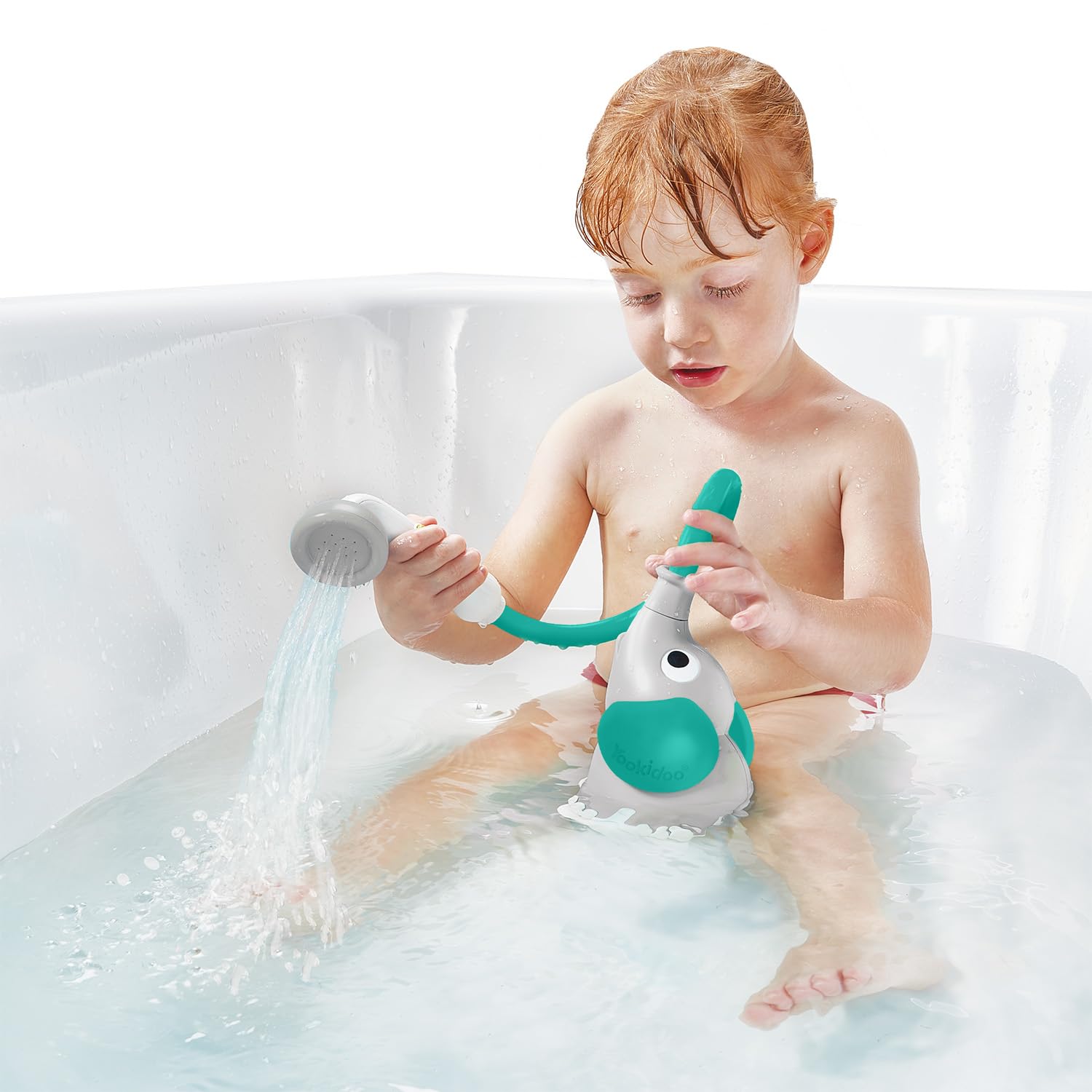 Yookidoo Baby Bath Shower Head - Elephant Water Pump with Trunk Spout Rinser - Control Water Flow from 2 Knobs for Maximum Fun in Tub or Sink for Newborn Babies (Grey and Forest Green)
