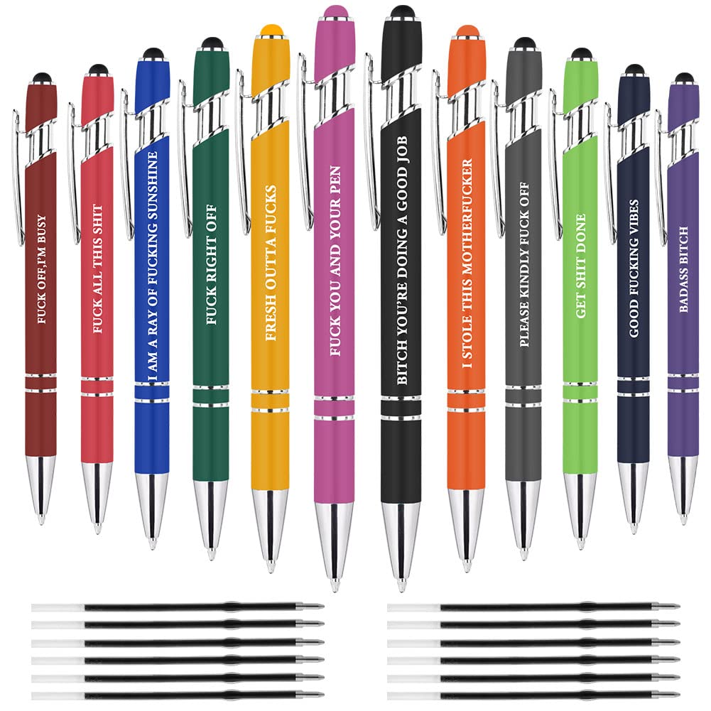 AUAUY 12 Pcs Funny Pens, Fun Ballpoint Pen Set With Replacement Refills, 2 in 1 Metal Stylus Stylish, Work for Adults, Offensive Office Gifts, Black Ink mm, M1-3340489