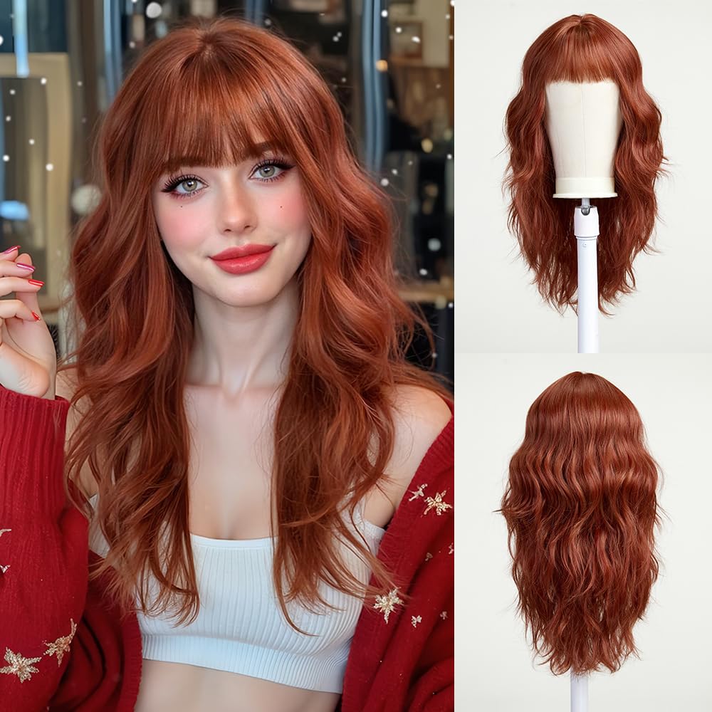Esmee Long Wavy Copper Red Wig with Fringe for Women Natuaral Synthetic Hair Burgundy Wigs for Daily Party Cosplay Use-24 Inches — image 1