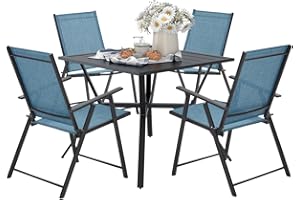 VICLLAX 5 pcs Patio Dining Table and Chairs Set, 4 Outdoor Reclining Folding Sling Chair with Armrest & 1 Square Patio Dining Table with 1.57" Umbrella Hole(Turquoise Blue/Black)
