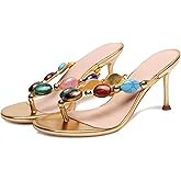 CEFISOP Jewelled Thong Heeled Sandals for Women Slip On Round Open Toe Flip Flop Pumps Mules Summer Strappy High Heels Dress Wedding Shoes