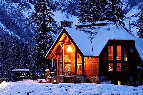 House snow lights night nature mountains winter trees - Print on Canvas (35x24inch: Unframed)