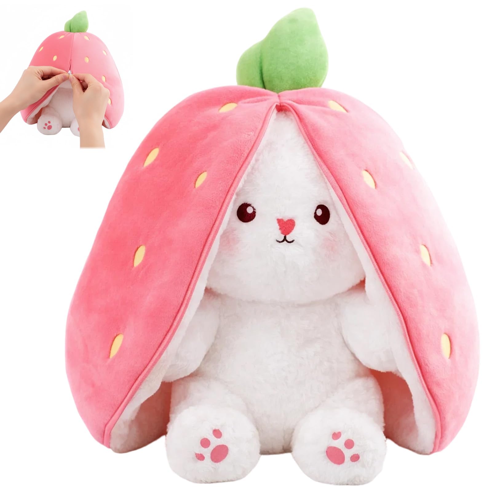 QiiWuic Easter Bunny Teddy, 25cm Strawberry Plushies Doll, Bunny Plush Companion for Easter, Holiday Decorations, Reversible Design for Festive Celebrations