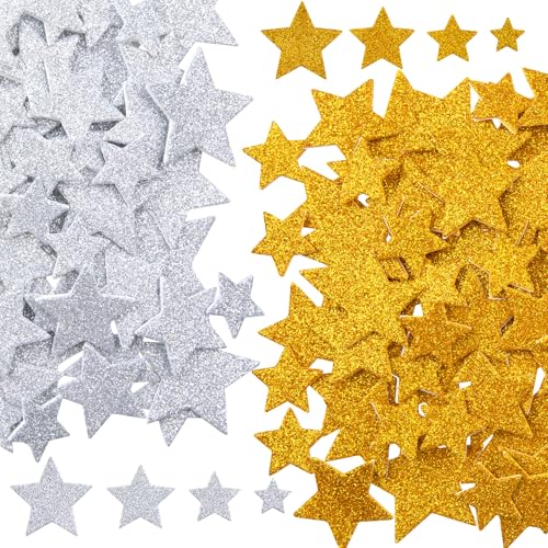Isslly 100PCS Glitter Foam Star Stickers, Gold Silver Star Glitter Foam Stickers, 4 Sizes Self Adhesive Christmas Foam Stars, Decals Decorations Supplies for Parties, Halloween, DIY Crafts
