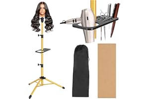 AliLeader 50 Inch Wig Stand Tripod with Tray Adjustable Mannequin Head Stand Wig Tripod Stand Wig Head Stand for Hairdressing Training (Golden, Mannequin Head Not Included)
