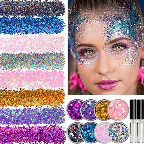 8 Jars of Cosmetic Chunky Glitter Shimmer Body Face Hair Eye Musical Festival Carnival Dance Halloween Party Beauty Makeup Temporary Tattoos Multicolored (40g/1.4oz)+FREE Quick Dry Glitter Glue(10ml)
