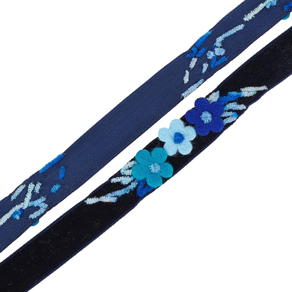 GOMAKERER 1 Yard Floral Embroidered Ribbons, Dark Blue Polyester Velvet Ribbon Single Faced Ribbon Woven Lace Trim for DIY Clothing Curtain Embellishment Decoration