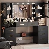 TOKSOM Black Vanity Desk with Mirror, Lights &amp; Charging Station, 58.3" 3 Lighting Modes Makeup Desk with 8 Drawers, 2 Cabinets and Lots Storage, Dressing Table Vanity Set with Lighted Mirror