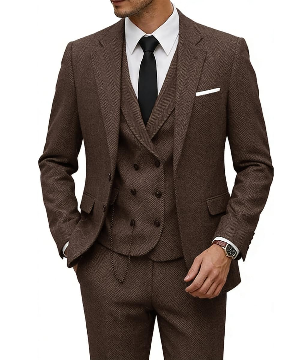 Photo 1 of Men Suits Tweed for Man Brown 3 Piece Double Breasted Dress Suit Slim Fit Tuxedo Jacket Vest Pants Grooms Formal Set XL