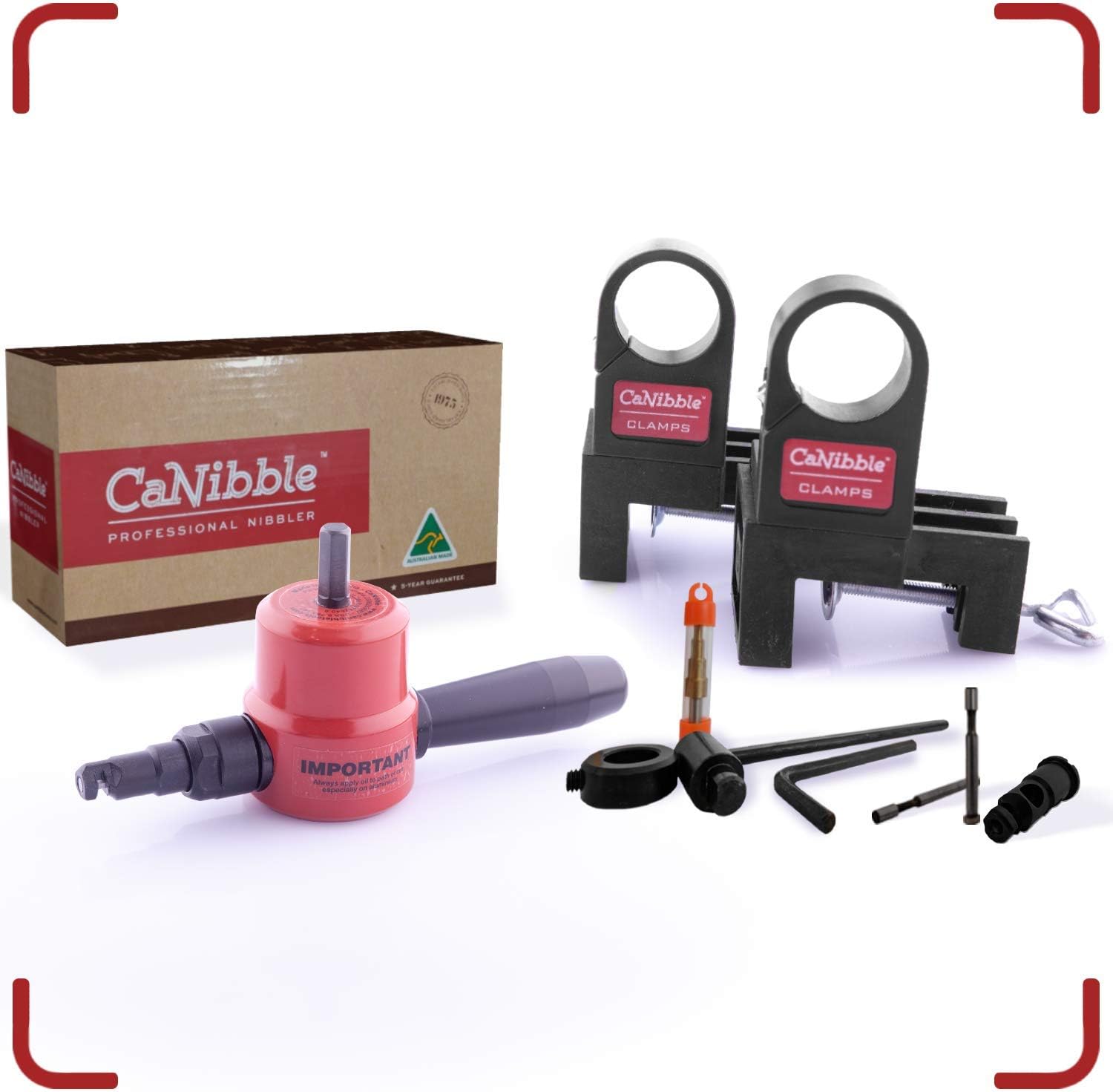 CaNibble Professional Nibbler Bundle - Made in Australia, Two Bench Mounting Clamps, Replacement Punches, Replacement Die Plus Free Straight and Circle Cutting Attachment