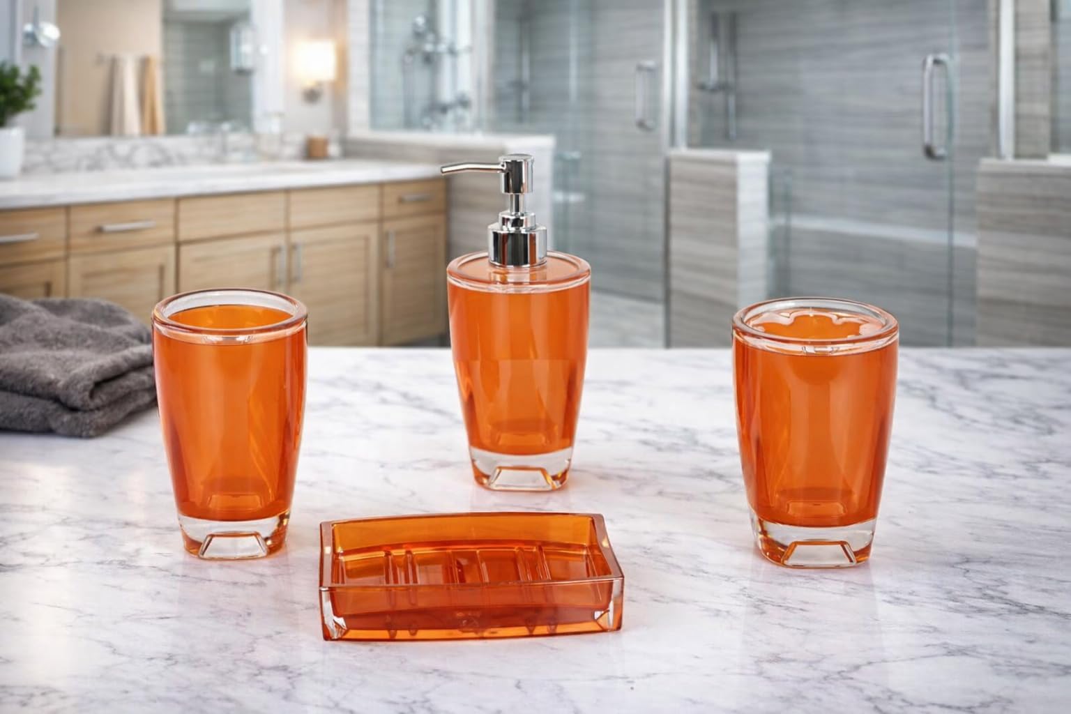 Fingey Modern Design 4 Piece Bathroom Accessory Set, Soap Dish, Tooth Brush Holder, Soap Dispenser, Rinse Cup (Orange)