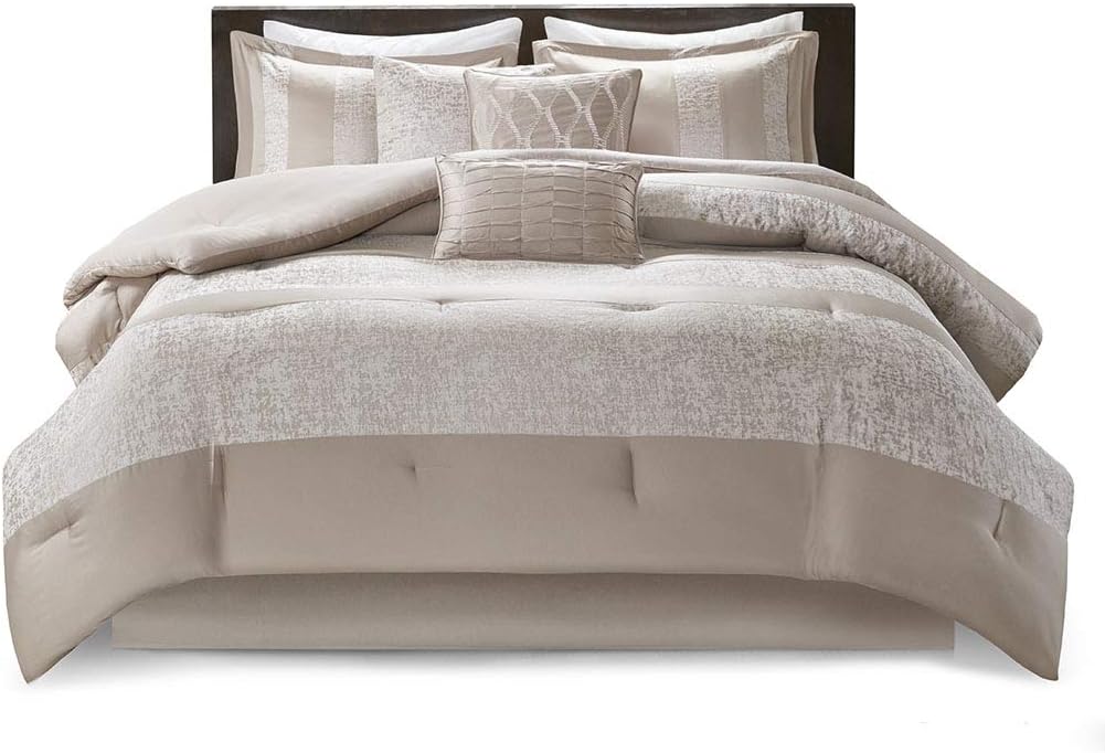 Madison Park Ava 7 Piece Chenille Jacquard Comforter Set, Queen, Taupe